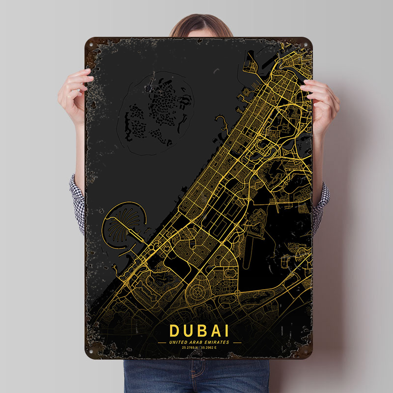 Home Decor Dubai - Golden Dubai City Map Metal Poster