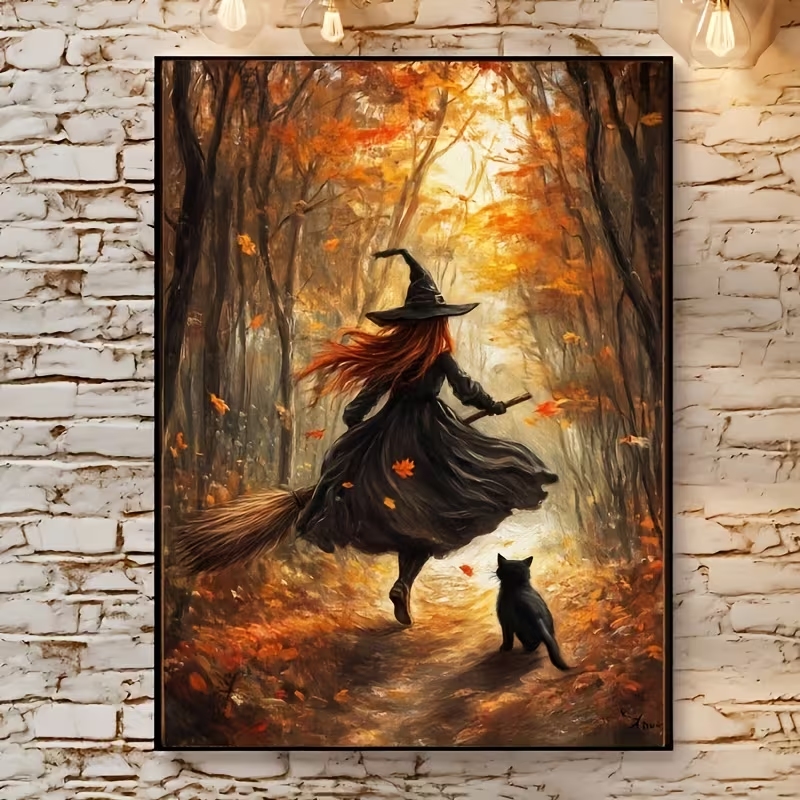 Home Decor On Wall - Retro Alloween Autumn Witch On Broomstick
